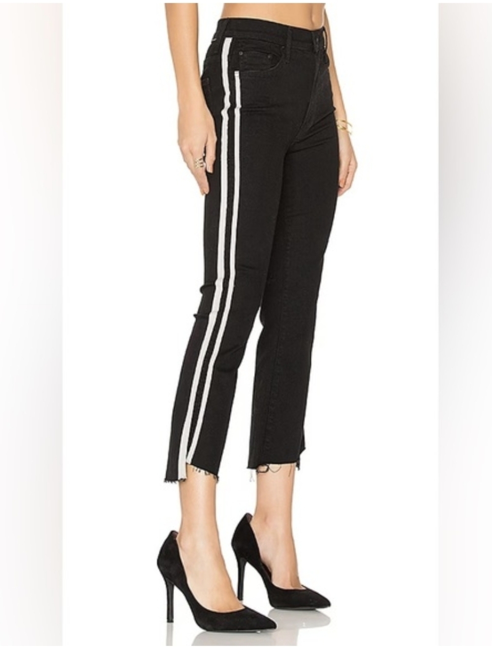 MOTHER BLACK J EANS INSIDER CROP FRAY W SIDE STRIPE EUC SIZE 25